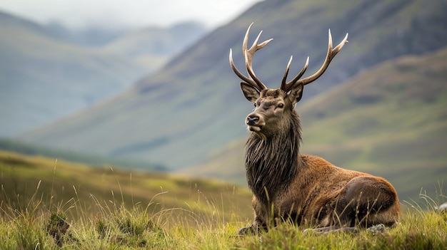 Portret wolnego i dzikiego szkockiego jelenia schwytanego w Highlands Generative Ai