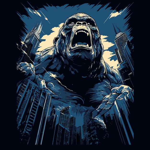 Portret wściekłego i przerażonego olbrzymiego goryla na ulicach metropolii w stylu wektorowym pop art Szablon dla naklejki na koszulce itp.