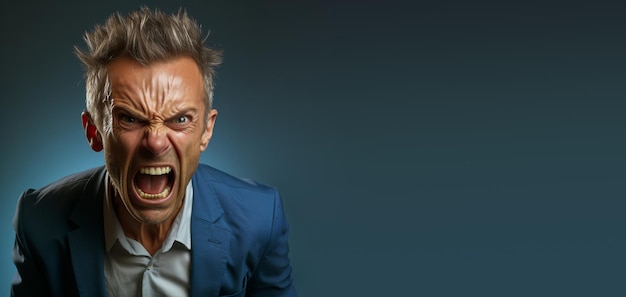 Portret wściekłego i sfrustrowanego mężczyzny krzyczącego agresywną twarz negatywne emocje na niebieskim tle