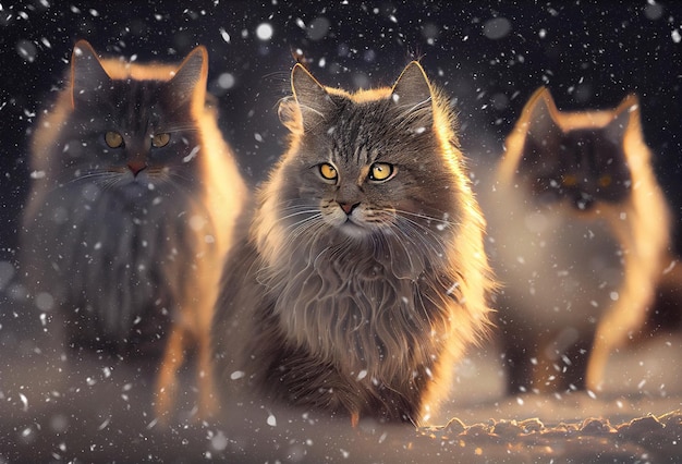 Portret wspaniałego kota syberyjskiego na śniegu wykonany za pomocą Generative AI