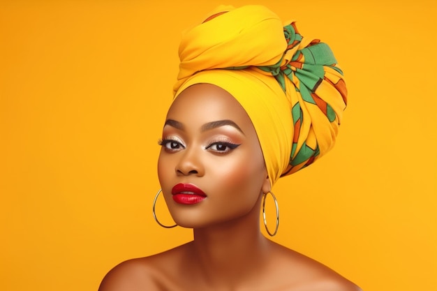 Portret wspaniałej afroamerykańskiej kobiety o ciemnej skórze z kreatywnym makijażem i turbanem na żółtym tle generatywny ai