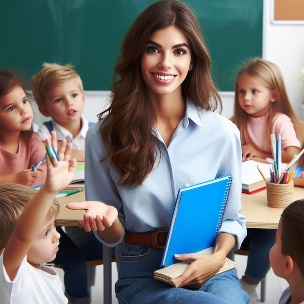 Zdjęcie portret wspaniałej hiszpańskiej nauczycielki przedszkolnej uczącej swoich uczniów w