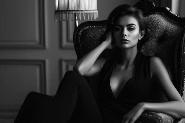Zdjęcie portret wspaniałej modnej modelki siedzącej na krześle w kampanii mody