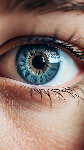 Portret z bliska kobiety o niebieskich oczach wygenerowany przez sztuczną inteligencję
