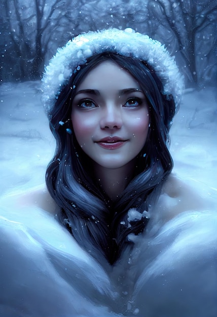 Portret z bliska Śliczna dziewczyna w zimowym stylu bożonarodzeniowym Szczęśliwa uśmiechnięta zimowa bogini inspiracji pojawiająca się z zamrożonego plusku lodowate kinowe oświetlenie cyfrowa ilustracja sztuki w stylu 3d
