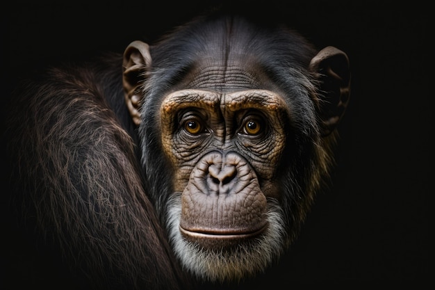 Portret z bliska Szympansy patrzą prosto przed siebie i są same na czarnym tle