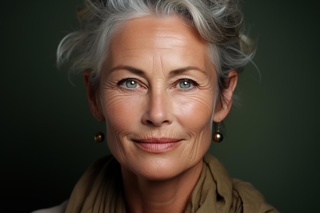 Portret z przodu kaukaska atrakcyjna kobieta w średnim wieku patrząca na kamerę starsza piękna modelka koncepcja pielęgnacji skóry osoby starsze i piękno