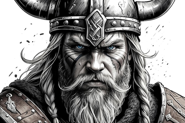 Zdjęcie portret zaciekłego wojownika krasnoludów wikingów, postać fantasy, ilustracja cyfrowa