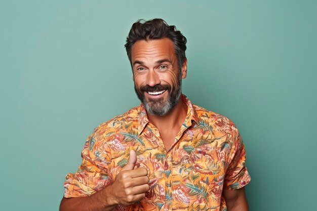 Zdjęcie portret zadowolonego atrakcyjnego mężczyzny w modnej koszuli pokazującego palec wskazujący po prawej stronie