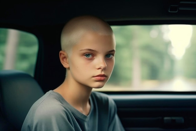 Portret zamyślonego smutku z onkologiczną młodą kobietą bez włosów po chemioterapii Głęboko myśląca chora łysa młoda dziewczyna chora na raka czująca rozczarowanie wygenerowała sztuczną inteligencję