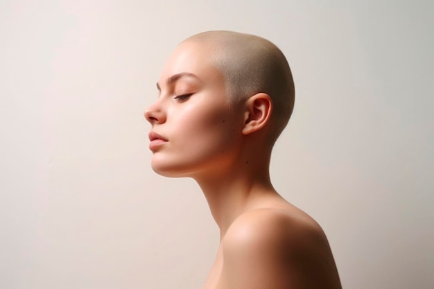 Portret zamyślonego smutku z onkologiczną młodą kobietą bez włosów po chemioterapii Głęboko myśląca chora łysa młoda dziewczyna chora na raka czująca rozczarowanie wygenerowała sztuczną inteligencję
