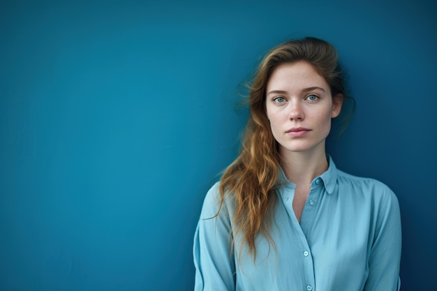 Portret zamyślonej kobiety stojącej przed niebieską ścianą