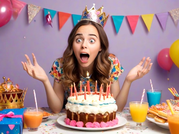 Portret zaskoczonej młodej kobiety z koroną cieszy się świętowaniem jej urodzin AI_Generated