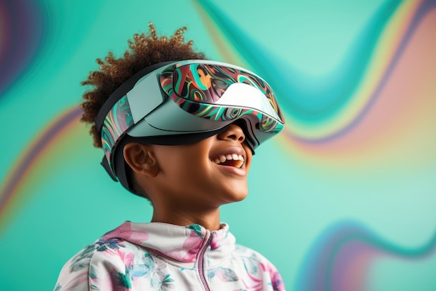 Portret zdumionego afroamerykańskiego chłopca noszącego nowoczesne okulary wirtualnej rzeczywistości
