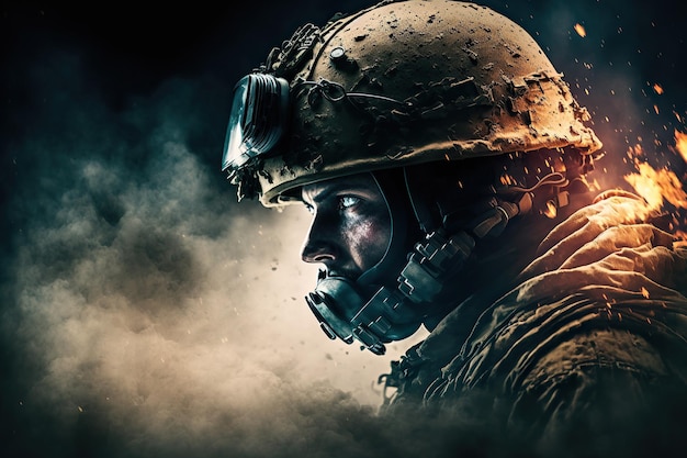 Portret żołnierza w hełmie i nowoczesnej amunicji na wojnie w bitwie Generative AI