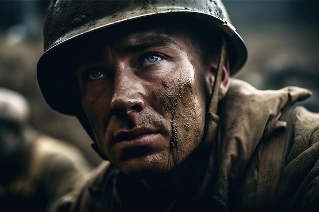Portret żołnierza w hełmie na wojnie na polu bitwy Generative AI