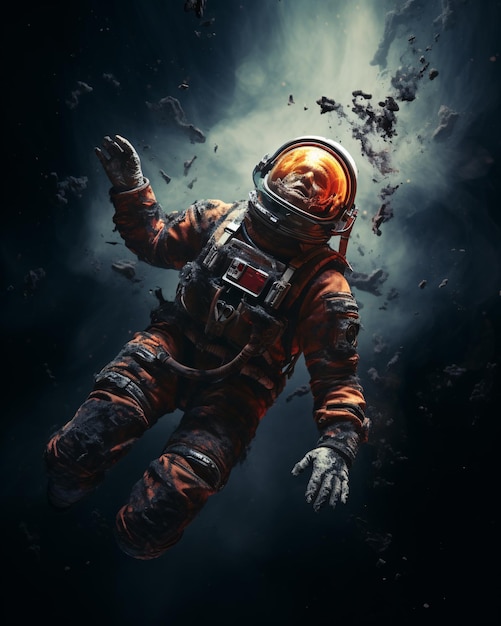 Portret zombie w garniturze kosmicznym pływającego w kosmosie