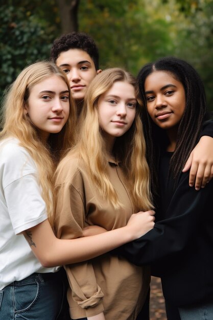 Zdjęcie portret zróżnicowanej grupy młodych przyjaciół obejmujących się ramionami