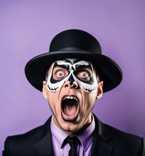 Zdjęcie portret zszokowanego mężczyzny w halloweenowym makijażu i kostiumie chwytającym twarz ze strachu