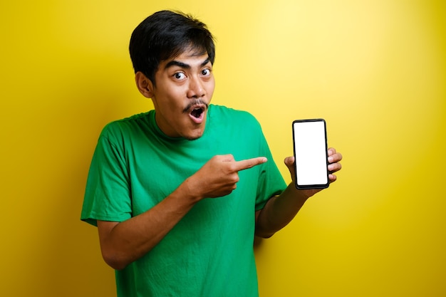 Portret zszokowanego młodego azjatyckiego mężczyzny w zielonej koszulce, wskazującego na telefon komórkowy i patrzącego na kamerę ze zdumieniem