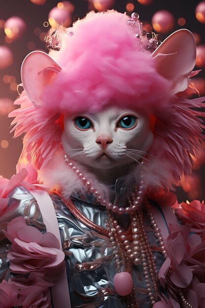 Portret zwierzaka Flamboyant Sphynx Cat noszący dramatyczny wyraz twarzy i kostium urodzinowy