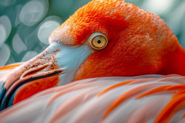 Zdjęcie portret żywego pomarańczowego flamingona z szczegółowymi teksturami i żywymi kolorami w naturalnym kolorze