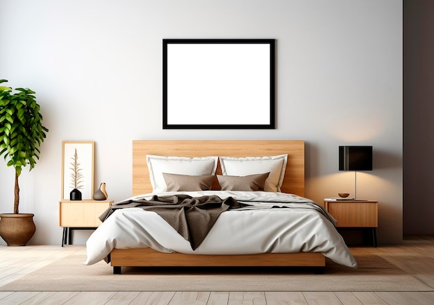 Portretowa czarna ramka na zdjęcia makieta na ścianie sypialni i poduszkach na łóżku skandynawskiej ceramiki wnętrza