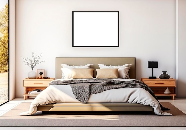 Portretowa czarna ramka na zdjęcia makieta na ścianie sypialni i poduszkach na łóżku skandynawskiej ceramiki wnętrza