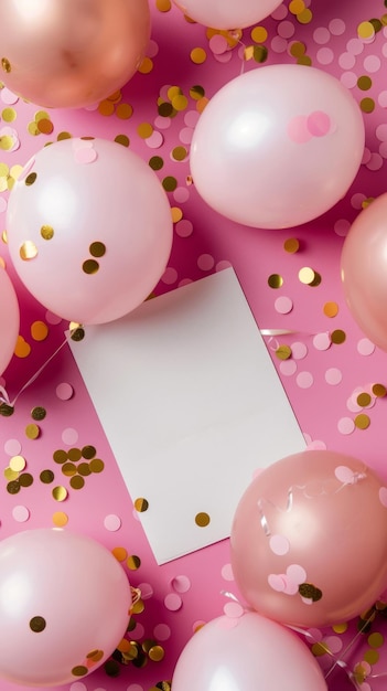 Zdjęcie portretowy tło uroczystości z różowymi balonami i białą kartką