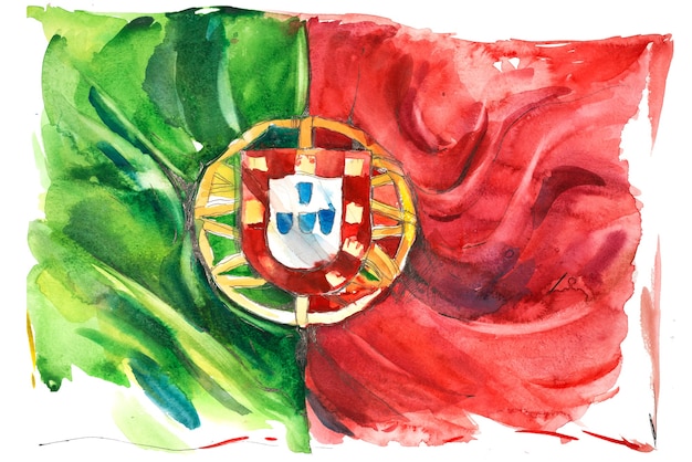 Portugalia, portugalska flaga. Ręcznie rysowane akwarela ilustracja.