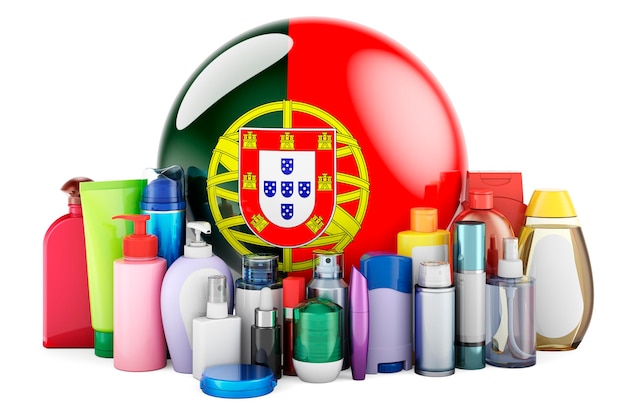 Portugalska flaga z butelkami kosmetycznymi Produkty do pielęgnacji skóry twarzy i ciała Renderowanie 3D