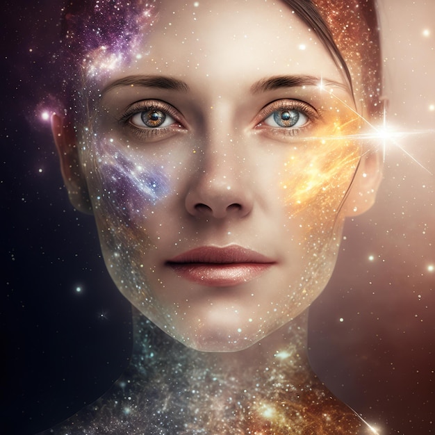 Porywająca twarz portretu dziewczyny łączy się z galaktyką w podwójnej ekspozycji