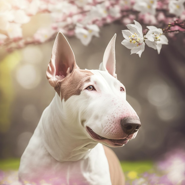 Porywający bull terrier w realistycznym tle na zewnątrz