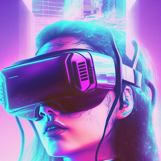 Porywający cyberpunk gamer dziewczyna portret w stylu retro z podwójną ekspozycją miasta