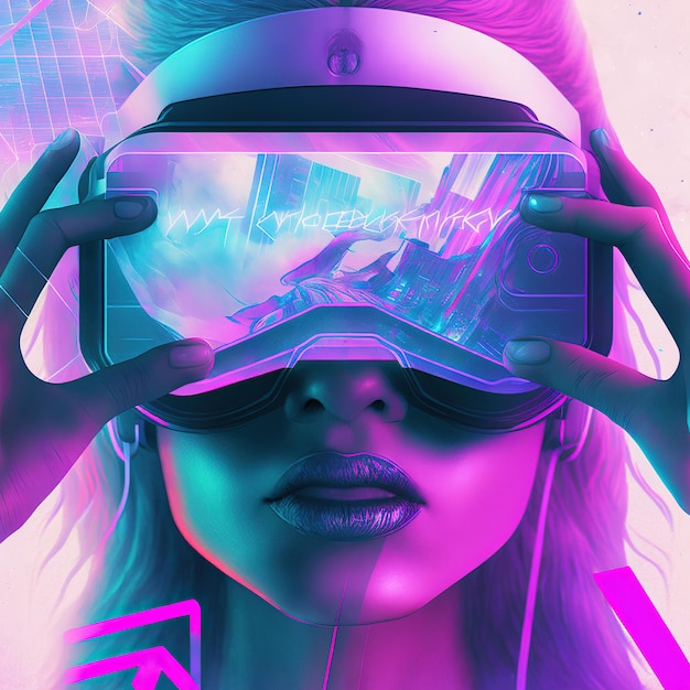 Porywający cyberpunk gamer dziewczyna portret w stylu retro z podwójną ekspozycją miasta