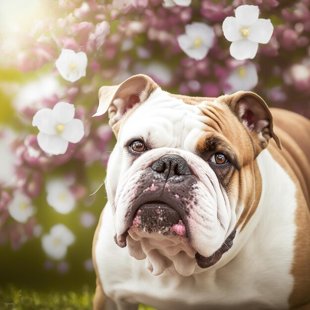 Porywający hiperrealistyczny cyfrowy portret szczęśliwego psa buldoga w naturze