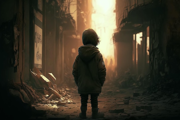 Porzucone bezdomne dziecko na ulicy zbombardowanego miasta w płonących ruinach koncepcja bez wojny Generacyjna sztuczna inteligencja