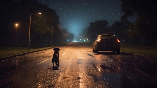 Porzucony pies na cichej drodze w nocy