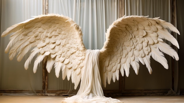Posąg anioła z białymi skrzydłami przed oknem Generacyjna AI