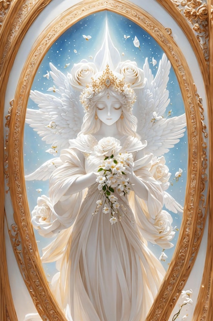 Posąg anioła z kwiatami w ramce