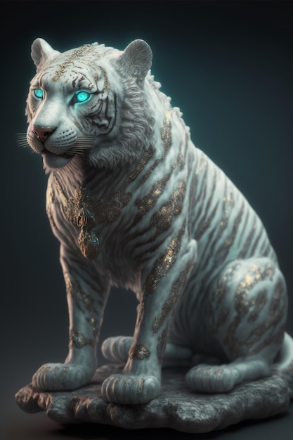 Posąg białego tygrysa z niebieskimi oczami generatywny ai