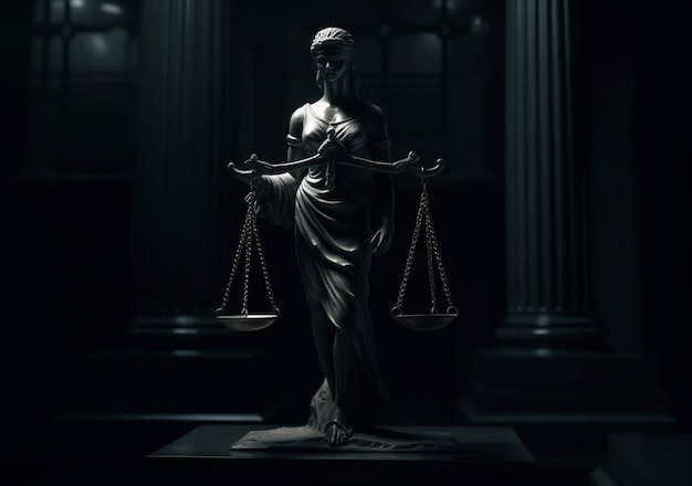 Posąg bogini Temidy i waga sprawiedliwości Symbol prawa wygenerowanego przez sztuczną inteligencję