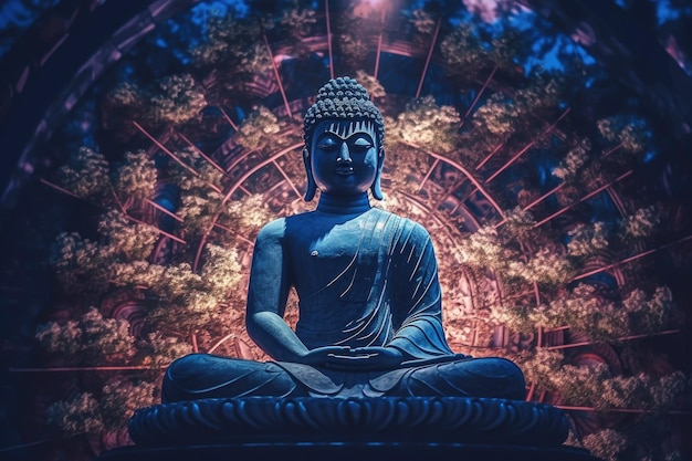 Posąg Buddy duchowego nauczyciela w pozycji spokojnego odpoczynku z błyszczącym światłem na ciemnym tle Generacyjna sztuczna inteligencja