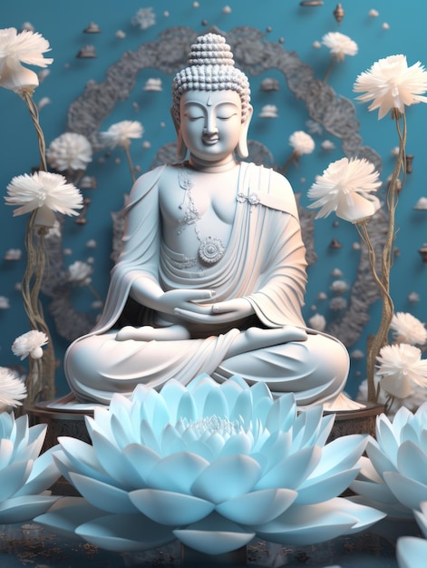 Posąg Buddy i kwiaty lotosu