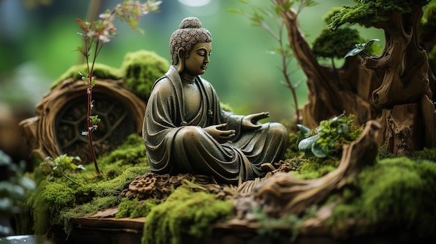 posąg Buddy na skale w niewyraźnej zielonej naturze