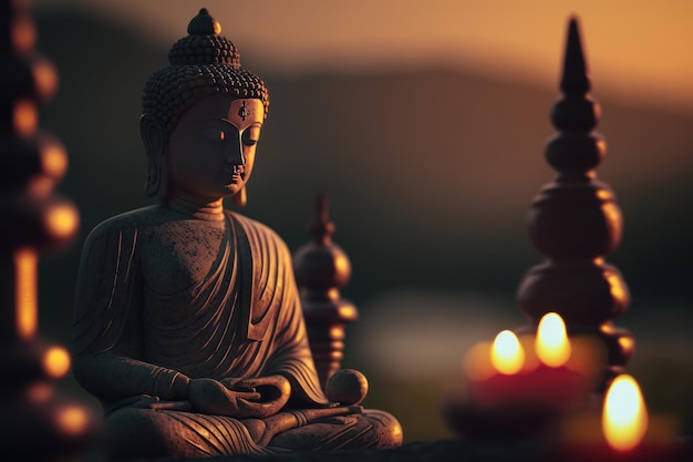 Posąg Buddy na tle zachodu słońca Purnima Buddy dzień Vesak Generatywne ai
