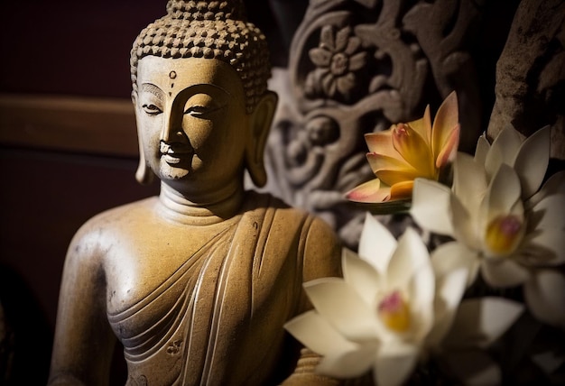 Posąg Buddy otoczony kwiatami wygenerowany przez sztuczną inteligencję