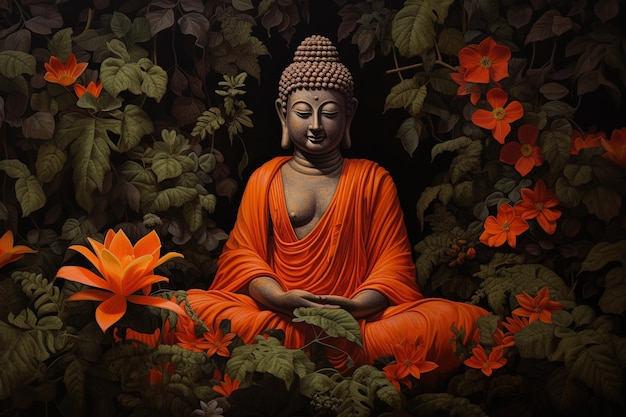 Posąg Buddy otoczony pomarańczowymi kwiatami na czarnym tle