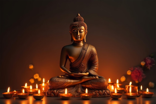Posąg Buddy otoczony świecami z napisem Budda w prawym dolnym rogu.