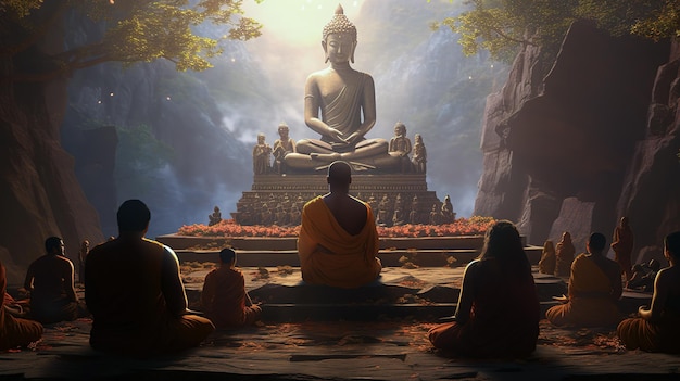 Posąg Buddy pośredniczący z tłumem mnichów